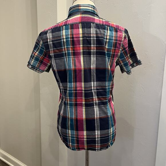 Express Men’s Plaid Short Sleeve Button Up Shirt Size Medium Blue Pink (A0128) - Picture 3 of 5